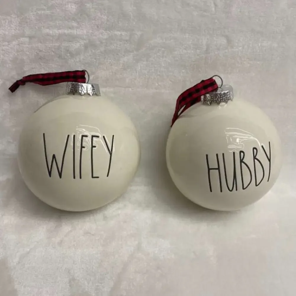 Rae Dunn By Magenta Ceramic Ball White Ornaments - Wifey - Hubby